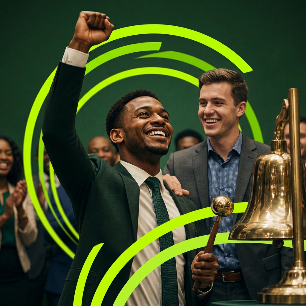 A young founder ringing the ceremonial stock exchange bell on listing day