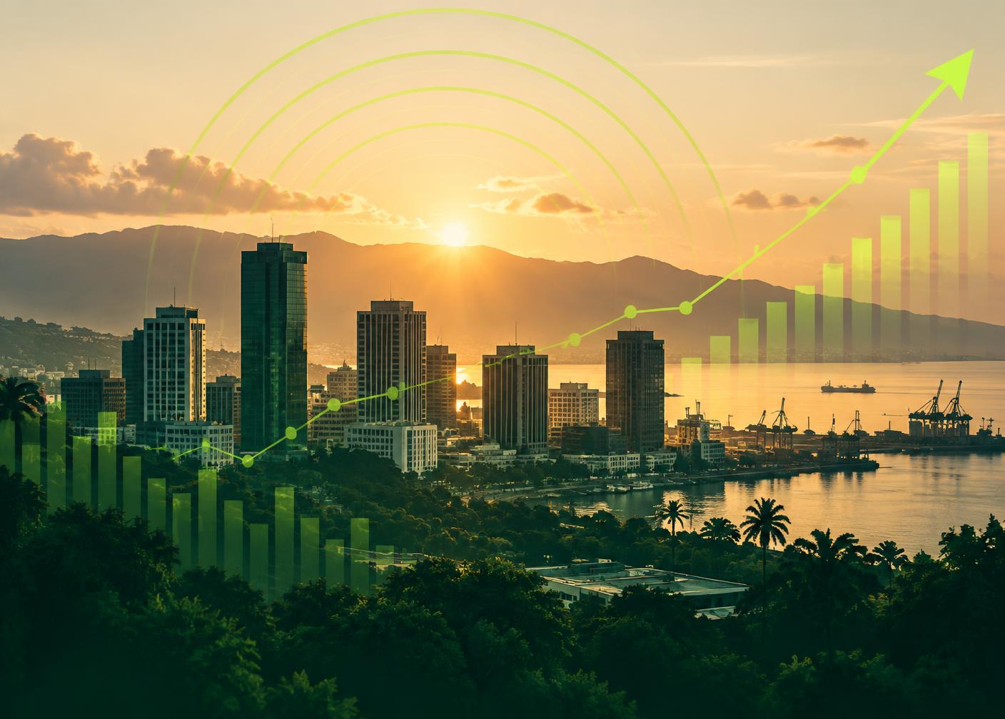 Sunrise over the Kingston financial district, with rising market trend lines representing the JSE Micro Market