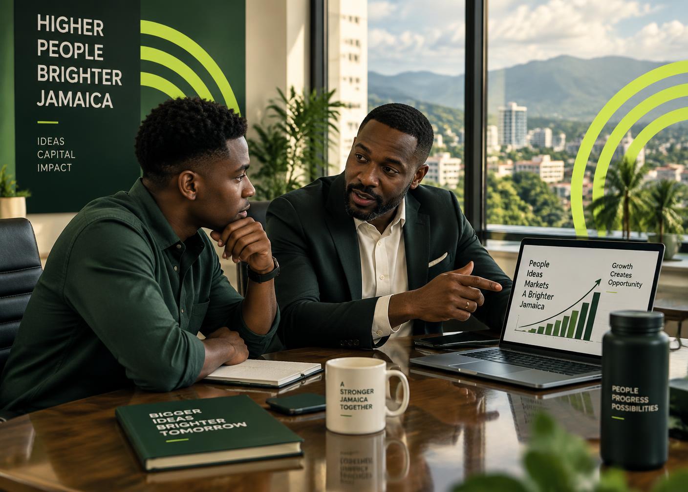 A Kintyre mentor guiding a young founder through growth plans in a Kingston boardroom